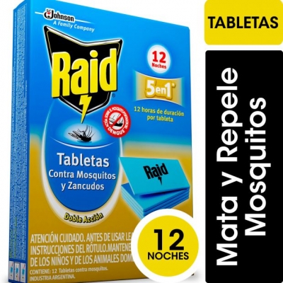 Insecticida RAID tabletas Mata Moscas y Mosquitos x 12 unidades
